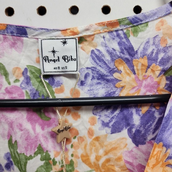 ✨‎ ANGEL BIBA White Floral Boho Babydoll Wrap Mini Dress – 100% Cotton, Size 8, - Picture 11 of 12